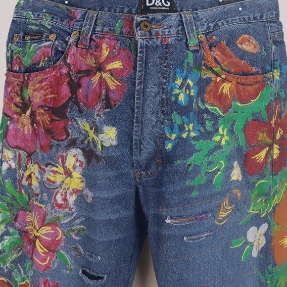❄ Vintage Dolce and Gabbana Floral Painted Ripped Distressed Jeans Denim Pants - Picture 4 of 10